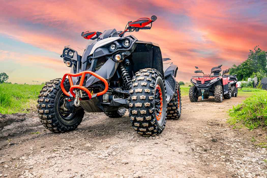 Honda TRX 250 quad bike riding on rugged terrain