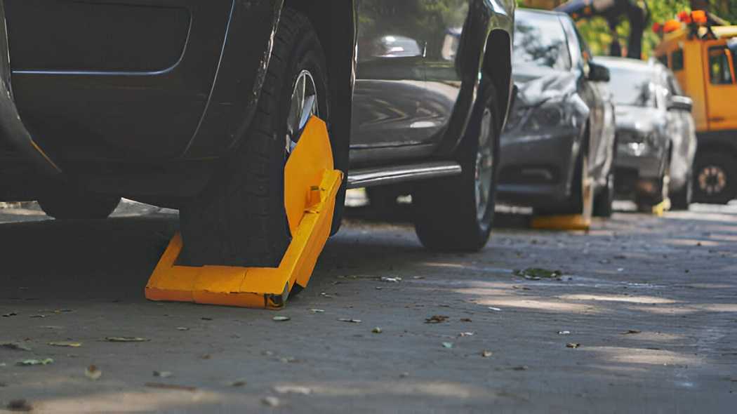 A bright yellow wheel clamp attached to a car wheel to prevent theft.